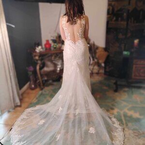 Galina Signature Illusion Lace Plunge Bodice Size 10 Ivy/Champaign Wedding Dress